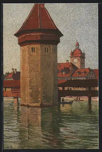 Künstler-AK Ernst E. Schlatter: Luzern, Wasserturm mit Blick zum Rathaus