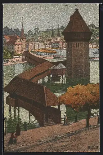 Künstler-AK Ernst E.Schlatter: Luzern, Kapellbrückegegen das Schweizerhofquai