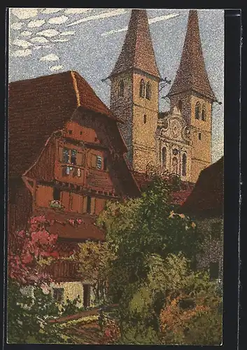 Künstler-AK Ernst E. Schlatter: Luzern, Hofkirche mit dem alten Kaplanhaus