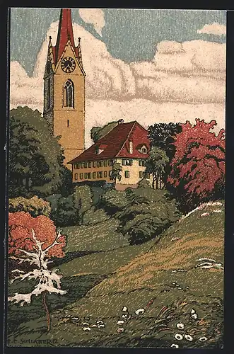 Künstler-AK Ernst E. Schlatter: Burgdorf, Pfarrhaus mit Kirche