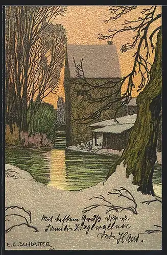 Künstler-AK Ernst E. Schlatter: Schwabing, alte Mühle im Winter