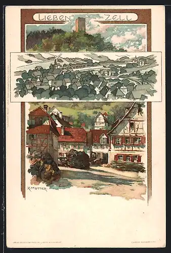 Künstler-Lithographie Karl Mutter: Liebenzell, Ortsansicht aus der Vogelschau, Ortspartie