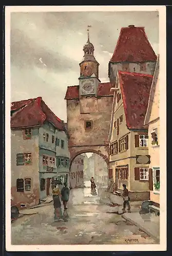 Künstler-Lithographie Karl Mutter: Rothenburg, Strassenpartie mit Roederbogen