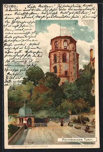 Künstler-Lithographie Karl Mutter: Heidelberg, Achteckiger Turm