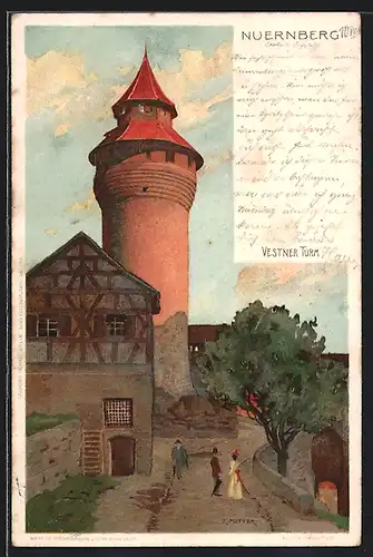 Künstler-Lithographie Karl Mutter: Nürnberg, Strassenpartie mit Vestner Turm