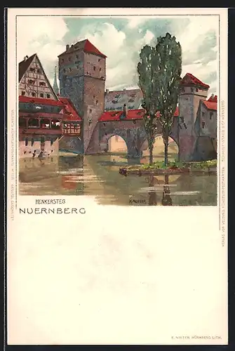 Künstler-Lithographie Karl Mutter: Nürnberg, Partie am Henkersteg