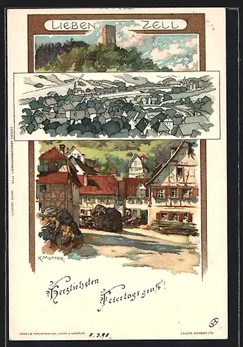 Künstler-Lithographie Karl Mutter: Liebenzell, Ortsansicht aus der Vogelschau, Ortspartie