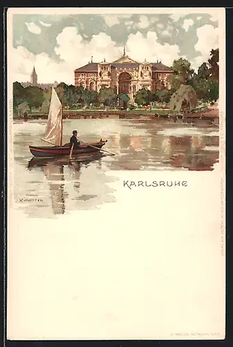 Künstler-AK K. Mutter: Karlsruhe, kleines Segelboot auf dem Wasser