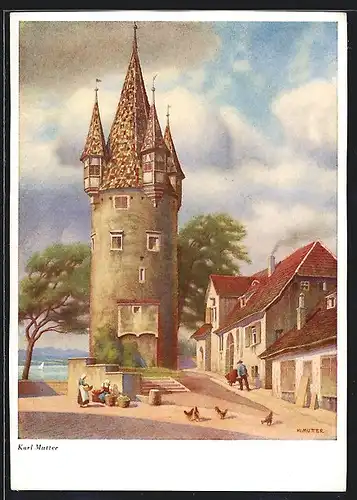 Künstler-AK Karl Mutter: Lindau /Bodensee, Diebsturm mit Bodenseeblick