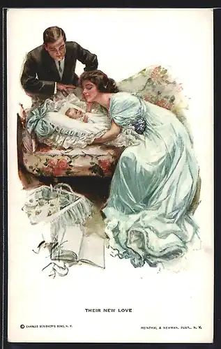 Künstler-AK Harrison Fisher: Junge Eltern betrachten ihr Neugeborenes