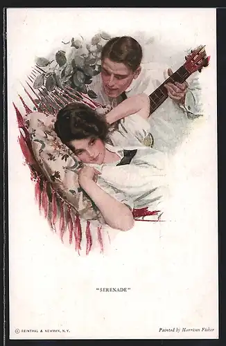 Künstler-AK Harrison Fisher: Serenade für Dame in Hängematte
