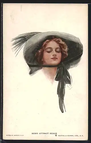 Künstler-AK Harrison Fisher: Bows attract Beaus - Junge Dame mit Federhut