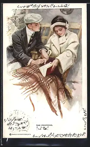 Künstler-AK Harrison Fisher: The Proposal, Junger Herr hält Hand von Frau mit Buch