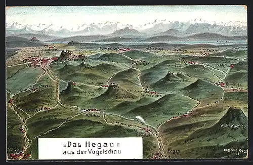 Künstler-AK Eugen Felle: Welschingen, Hegau mit Riedheim, Hitzingen, Weiterdingen aus der Vogelschau