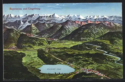 Künstler-AK Eugen Felle: Bayersoien u. Umgebung aus der Vogelschau