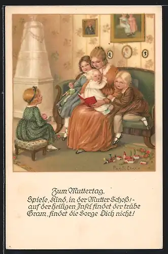 Künstler-AK Pauli Ebner: Mutter mit Kindern in der Stube - Muttertagsgruss
