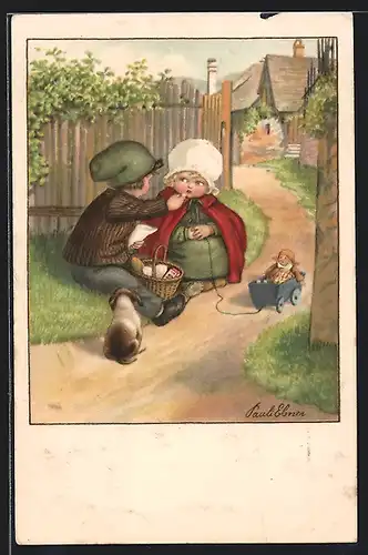 Künstler-AK Pauli Ebner: So nimm doch!, Junge mit kleinem Hund füttert Mädchen mit Süssem