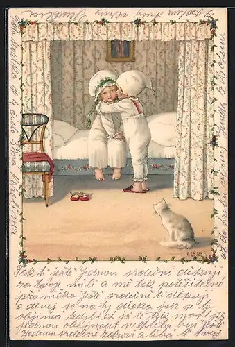 Künstler-AK Pauli Ebner: Gute Nacht! Kinder gehen zu Bett, Katze