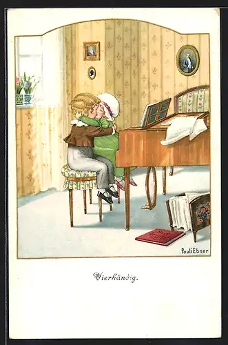 Künstler-AK Pauli Ebner: Mädchen küsst Junge am Flügel