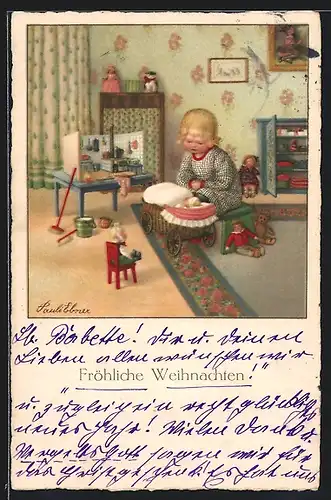 Künstler-AK Pauli Ebner: Mädchen mit Puppen und Spielküche, Weihnachtsgruss