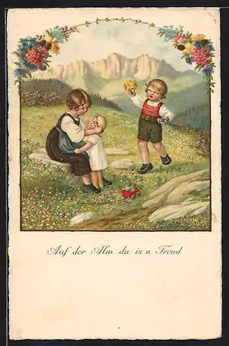 Künstler-AK Pauli Ebner: Kinder spielen auf der Alm auf einer Blumenwiese
