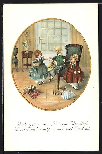 Künstler-AK Pauli Ebner: Mädchen gibt einem Jungen Kirschen