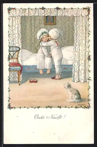 Künstler-AK Pauli Ebner: Gute Nacht! Kinder gehen zu Bett, Katze