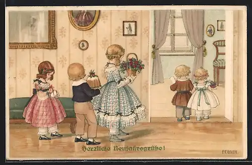 Künstler-AK Pauli Ebner: Kinder mit Kuchen und Blumen überbringen Neujahrsgrüsse