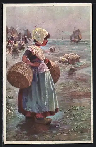 AK Kleines niederländisches Mädchen mit Körben am Meer