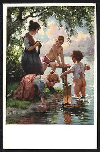 Künstler-AK Rudolf Alfred Höger: Planschende Kinder