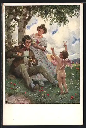 Künstler-AK Rudolf Alfred Höger: Liebespaar mit Amor und einer Flasche Wein