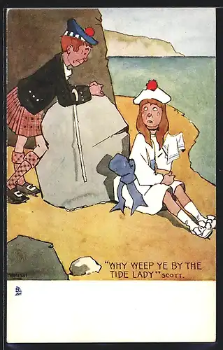 Künstler-AK Hamish: Matrose im Schottenrock und weinendes Mädchen