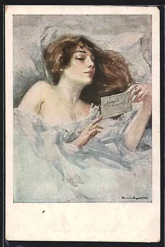 Künstler-AK Nackte Dame im Bett liest eine Feldpostkarte