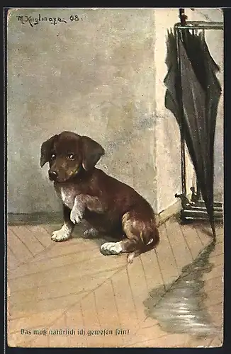 Künstler-AK Max Kuglmayr: Hund neben einer Pfütze