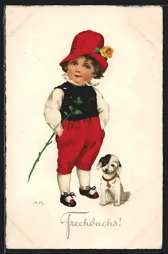 Künstler-AK Marie Flatscher (M.FL.): Frechdachs!, Knabe mit Hundewelpe