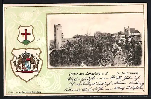 Passepartout-Lithographie Landsberg a. L., Partie am Jungfernsprung, Wappen