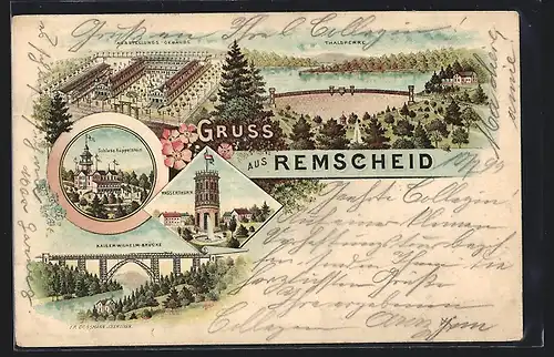 Lithographie Remscheid, Ausstellungs-Gebäude, Talsperre, Schloss Küppelstein, Wasserturm, Kaiser-Wilhelm-Brücke