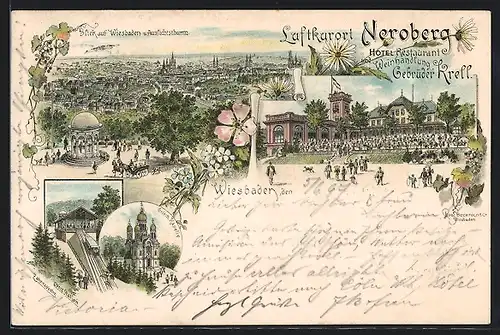 Lithographie Wiesbaden, Ortsansicht, Hotel-Restaurant Neroberg Gebrüder Krell