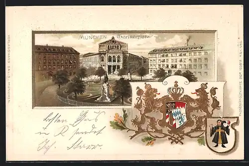 Passepartout-Lithographie München, Gärtnerplatz, Wappen, Münchner Kindl