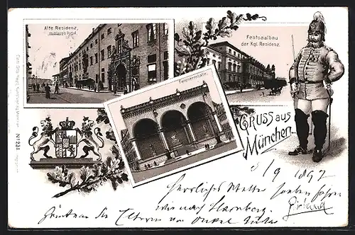 Lithographie München, Alte Residenz, Festsaalbau der Kgl. Residenz, Feldherrnhalle, Soldat