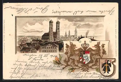 Passepartout-Lithographie München, Panorama, Münchner Kindl, Wappen