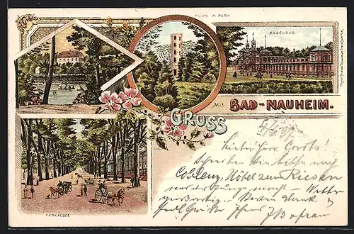 Lithographie Bad Nauheim, Badehaus, Parkallee, Turm im Park