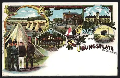 Lithographie Darmstadt, Übungsplatz mit Zeltlager, Commandantur und Stabsgebäude