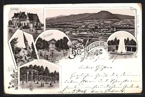 Lithographie Bad-Neuenahr, Trinkhalle, Bahnhof, Wandelbahn