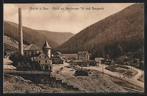 AK Goslar, Blick auf Herzberger Tal und Bergwerk, Bergbau
