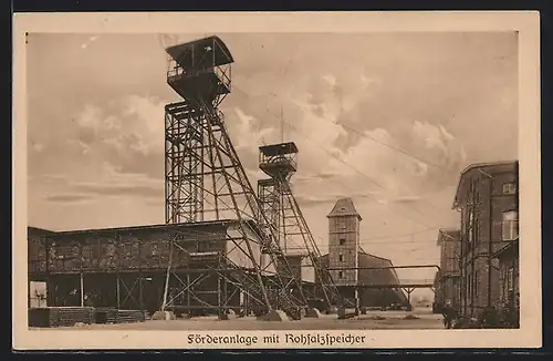 AK Stassfurt, Staatliches Salzwerk, Förderanlage mit Rohfalzspeicher, Berlepsch-Maybach Schachtanlage