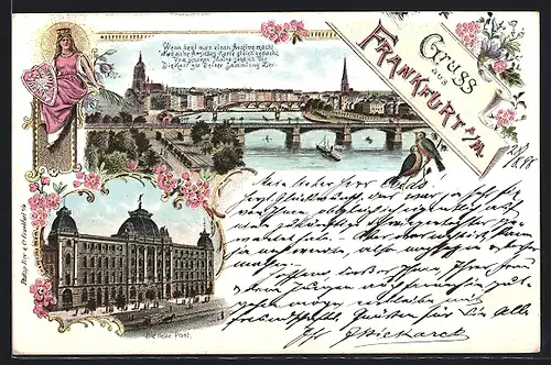 Lithographie Frankfurt a. M., Neue Post, Panorama mit Mainbrücke, Wappen-Figur