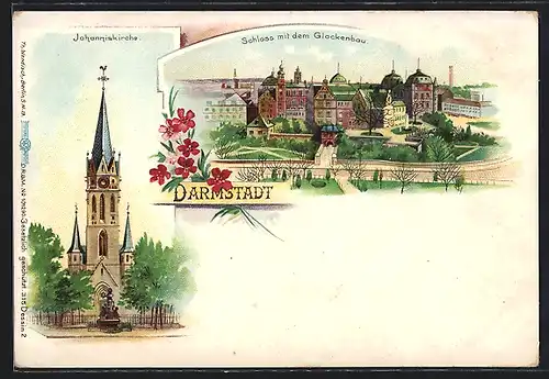 Lithographie Darmstadt, Schloss mit dem Glockenbau und Johanniskirche