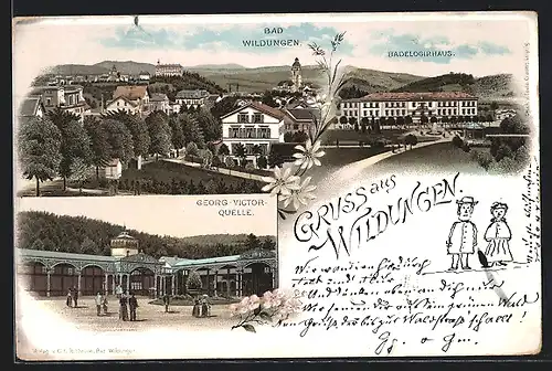 Lithographie Wildungen, Badelogirhaus, Georg-Victor-Quelle, Panorama