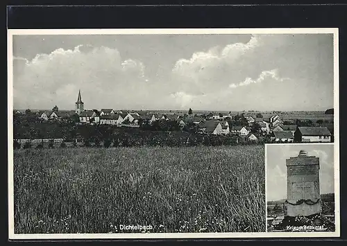 AK Dichtelbach, Kriegerdenkmal, Ortspanorama von einem Feld aus